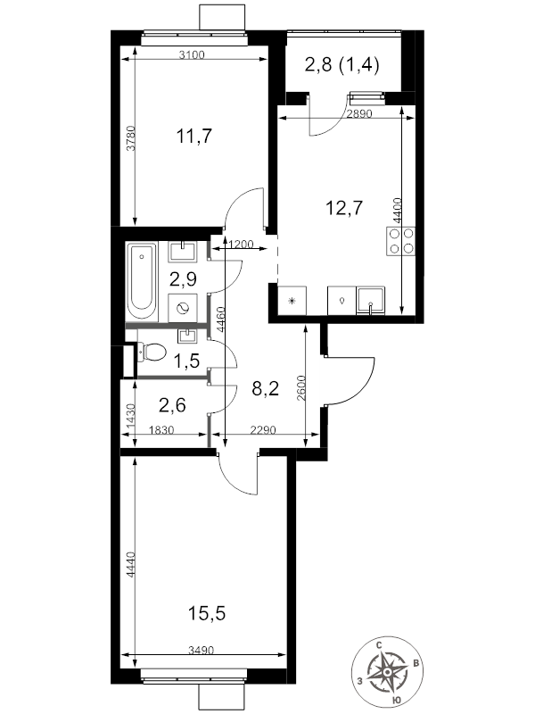2 ккв 56,5 м²