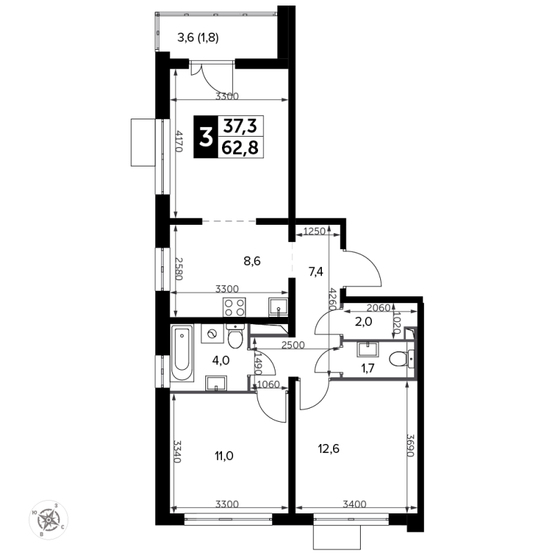 3 ккв (Евро) 62,6 м²