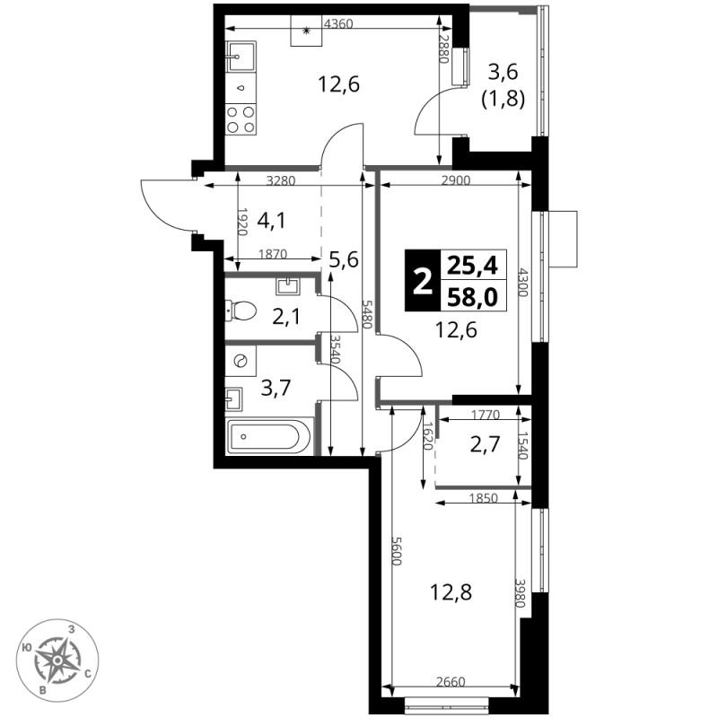 2 ккв 58,5 м²