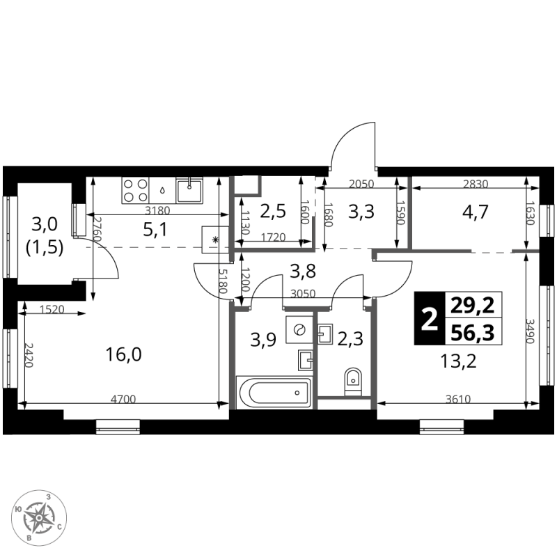 2 ккв (Евро) 56,3 м²