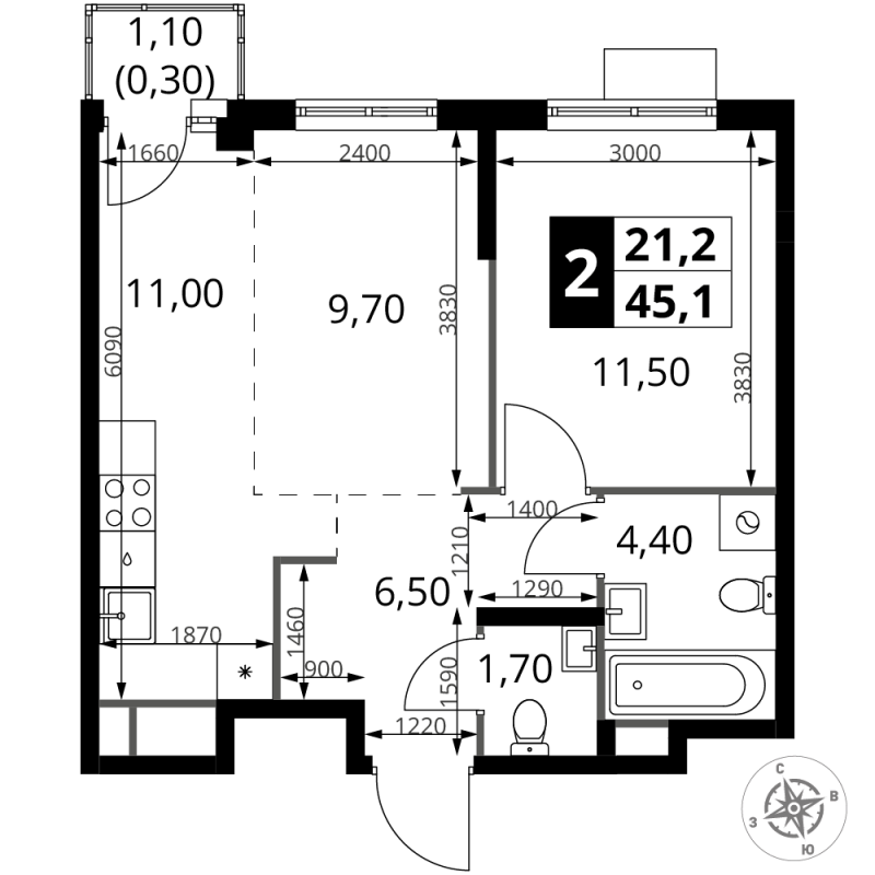 2 ккв 45,1 м²