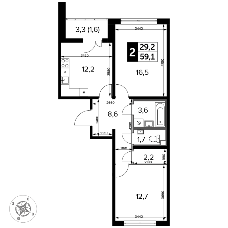 2 ккв 60,1 м²