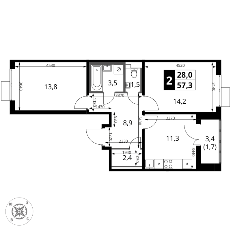 2 ккв 57,3 м²