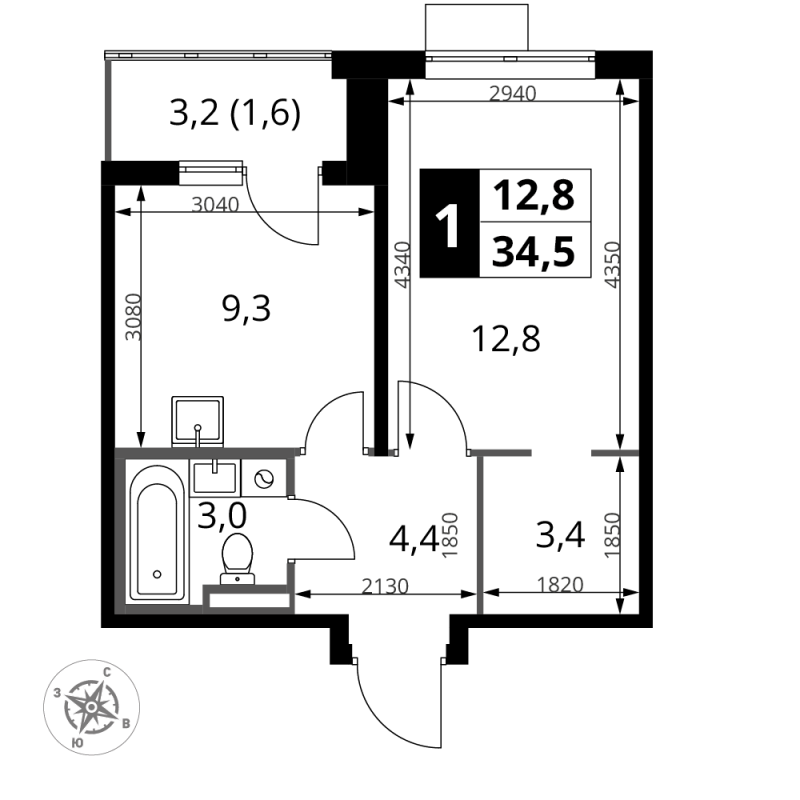 1 ккв 34,5 м²