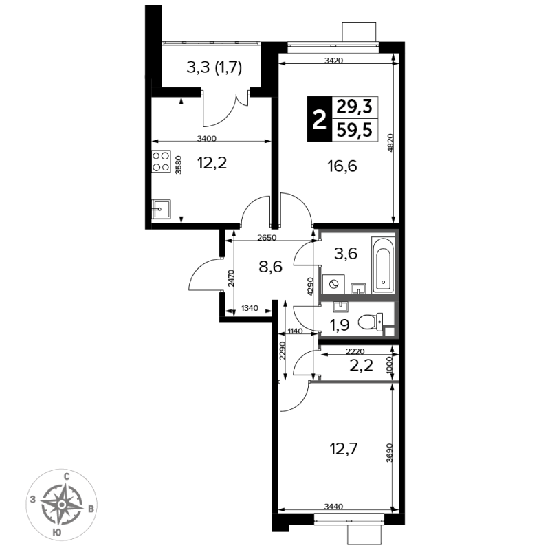 2 ккв 59,5 м²