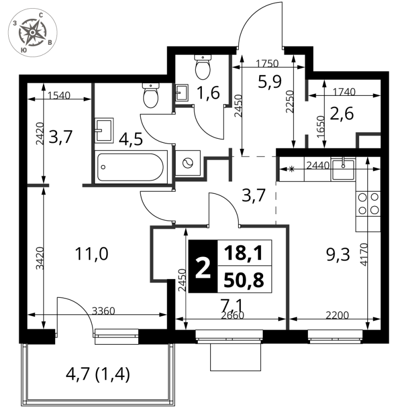 2 ккв (Евро) 51,5 м²