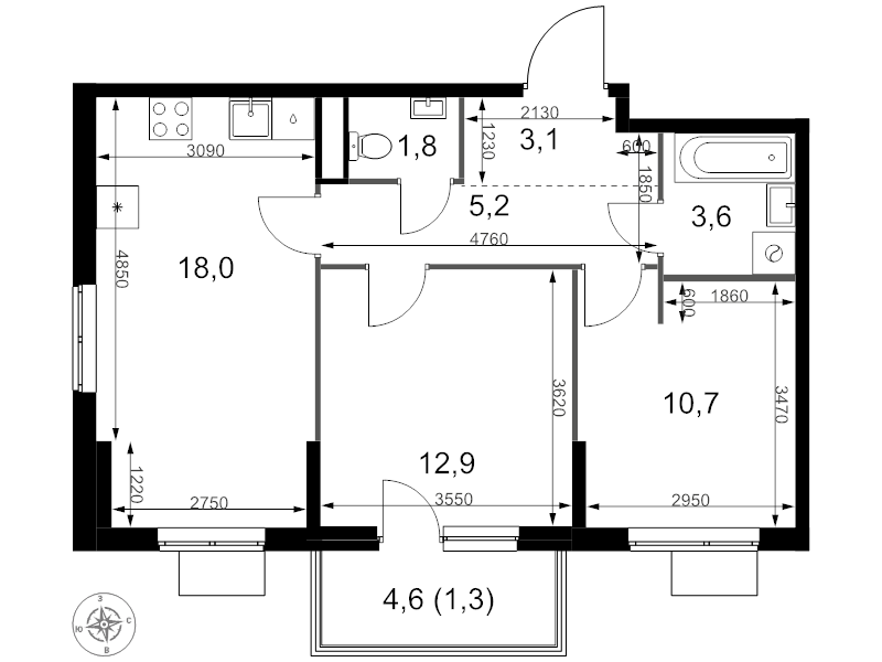 3 ккв (Евро) 56,6 м²