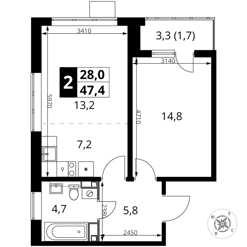 2 ккв (Евро) 47,4 м²