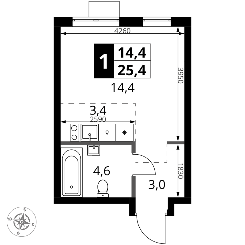 Студия 25,4 м²
