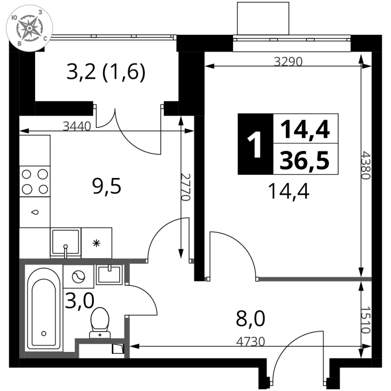 1 ккв 36,5 м²