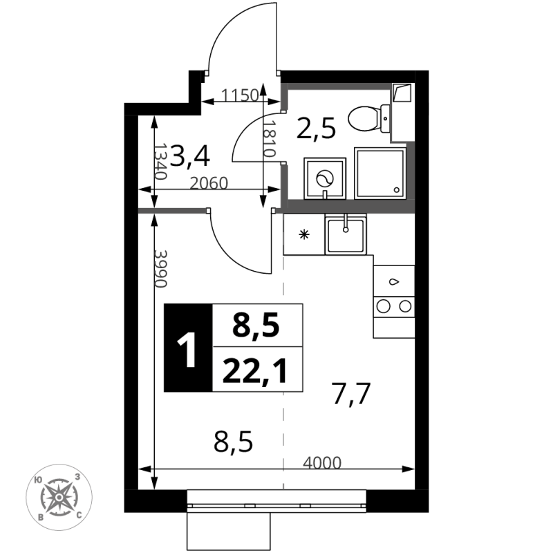 Студия 22,1 м²