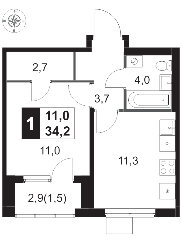 1 ккв 34,2 м²