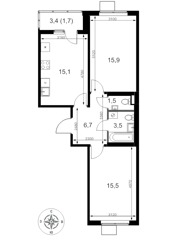 3 ккв (Евро) 59,9 м²