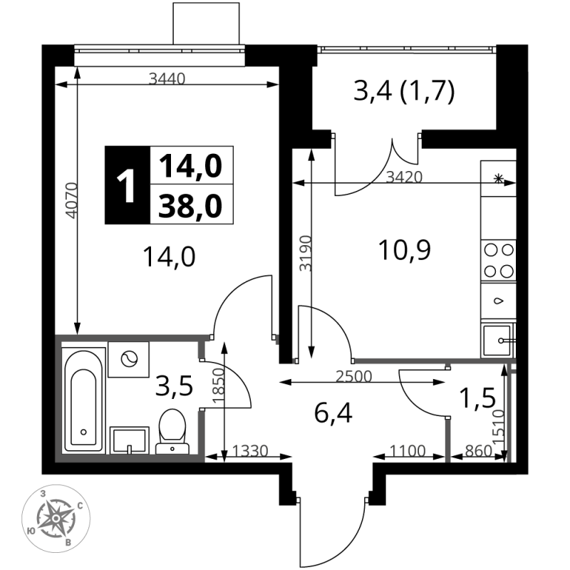 1 ккв 38 м²