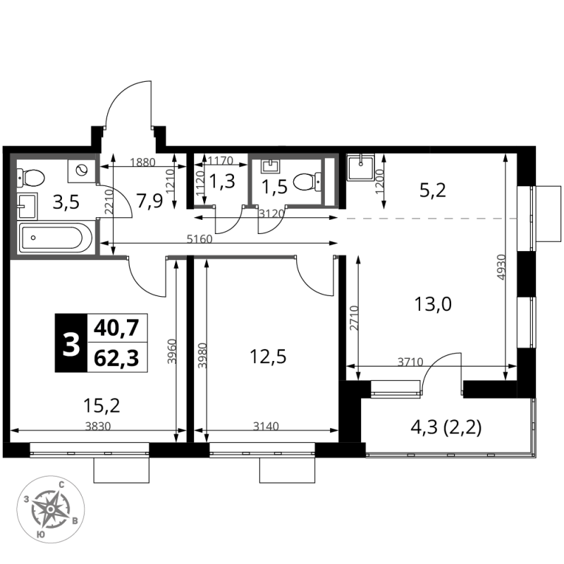 3 ккв (Евро) 62,3 м²