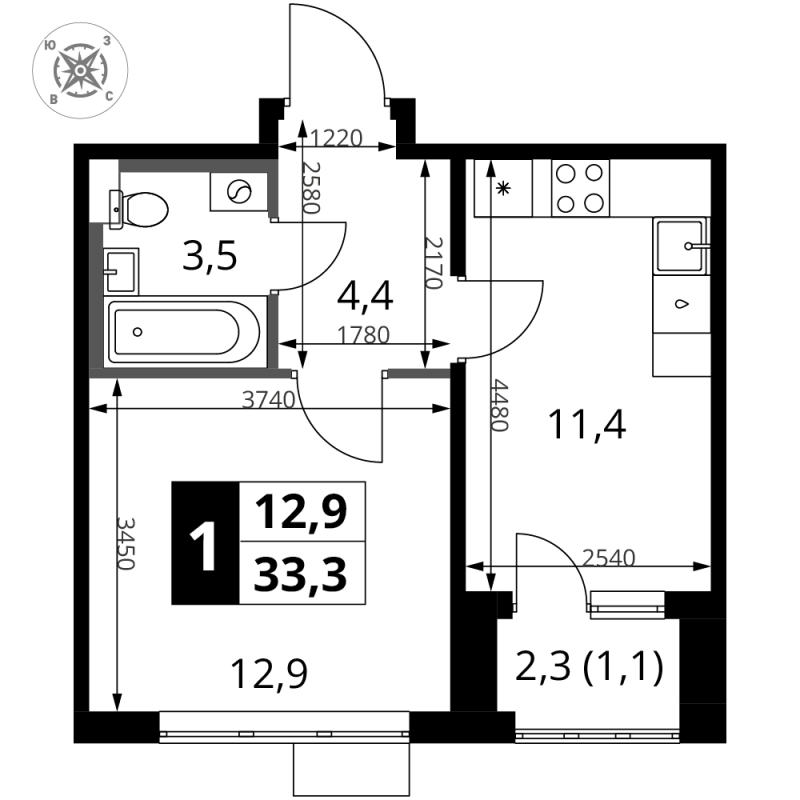 1 ккв 33,3 м²