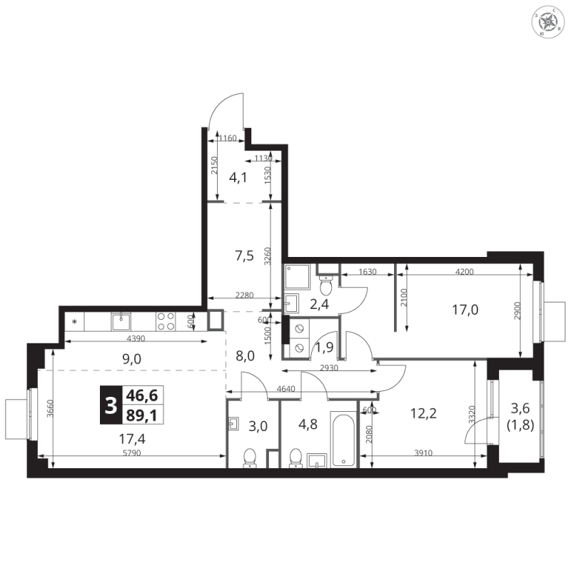3 ккв (Евро) 89,3 м²