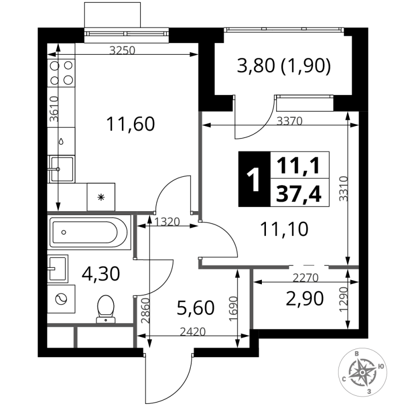 1 ккв 37,4 м²