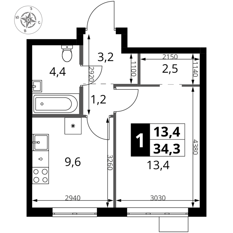 1 ккв 34,3 м²
