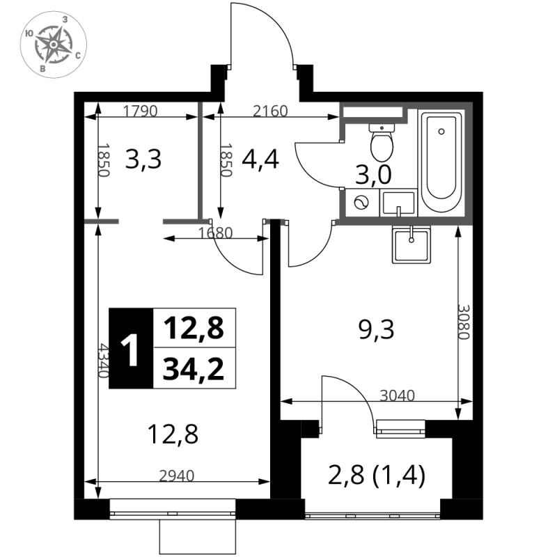 1 ккв 34,2 м²