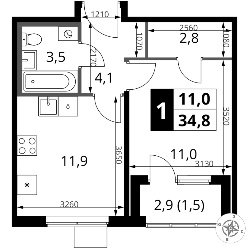 1 ккв 34,8 м²