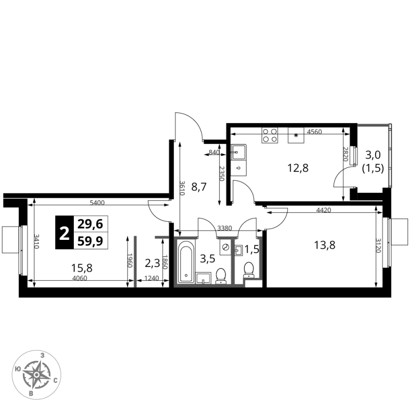 2 ккв 59,9 м²