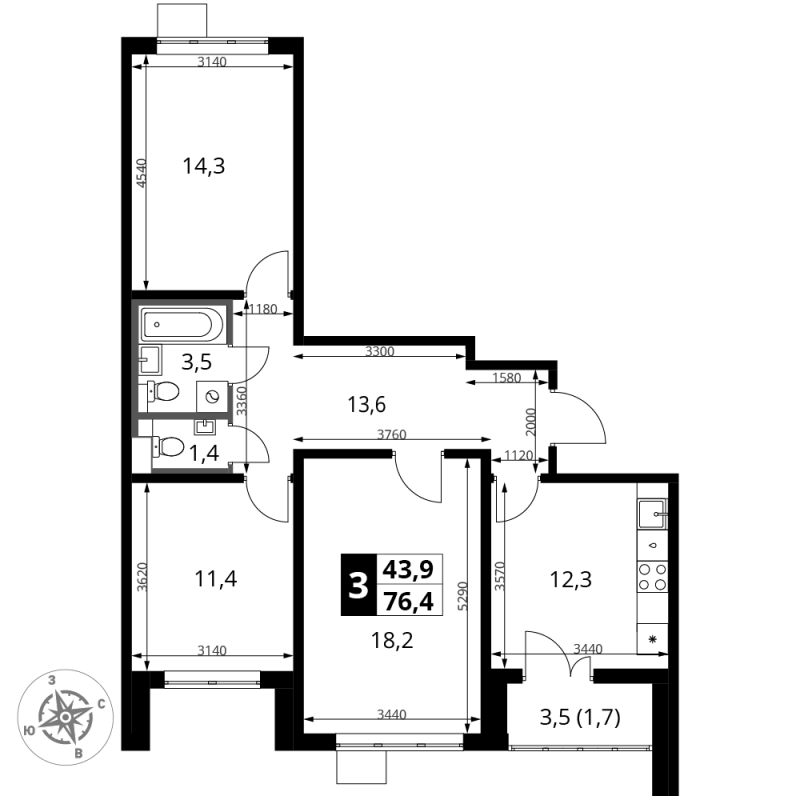 3 ккв 76,4 м²