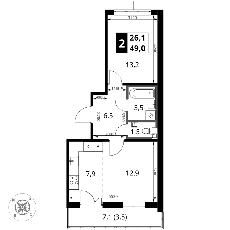 2 ккв (Евро) 49 м²