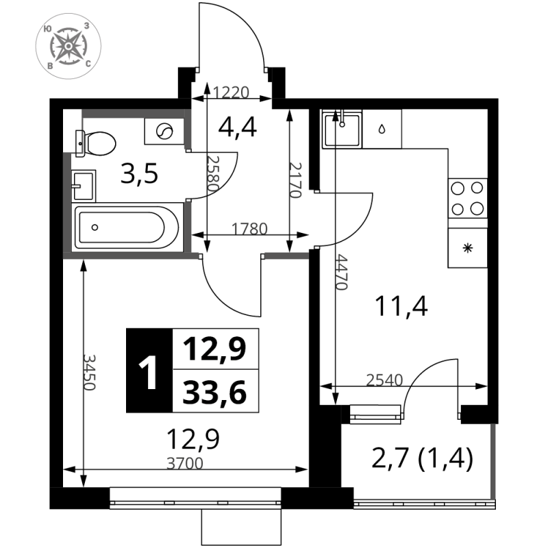 1 ккв 33,6 м²
