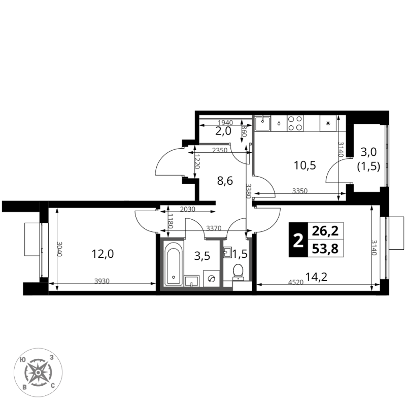 2 ккв 53,8 м²