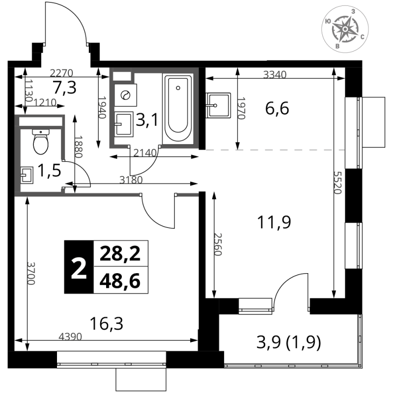 2 ккв (Евро) 48,6 м²