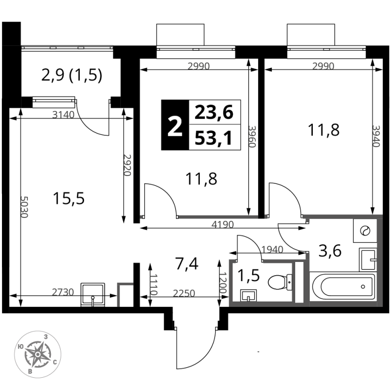 3 ккв (Евро) 53,1 м²