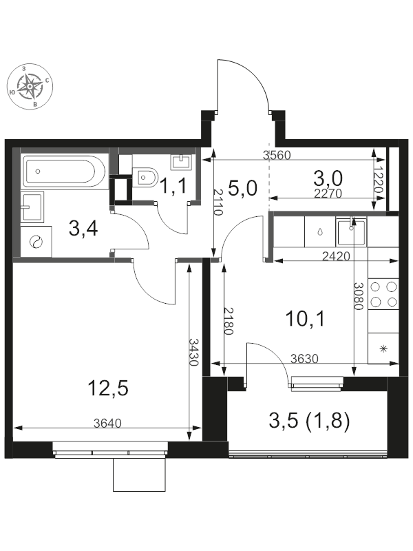 1 ккв 36,9 м²