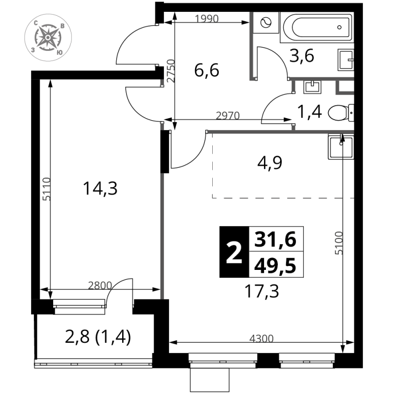 2 ккв (Евро) 49,5 м²