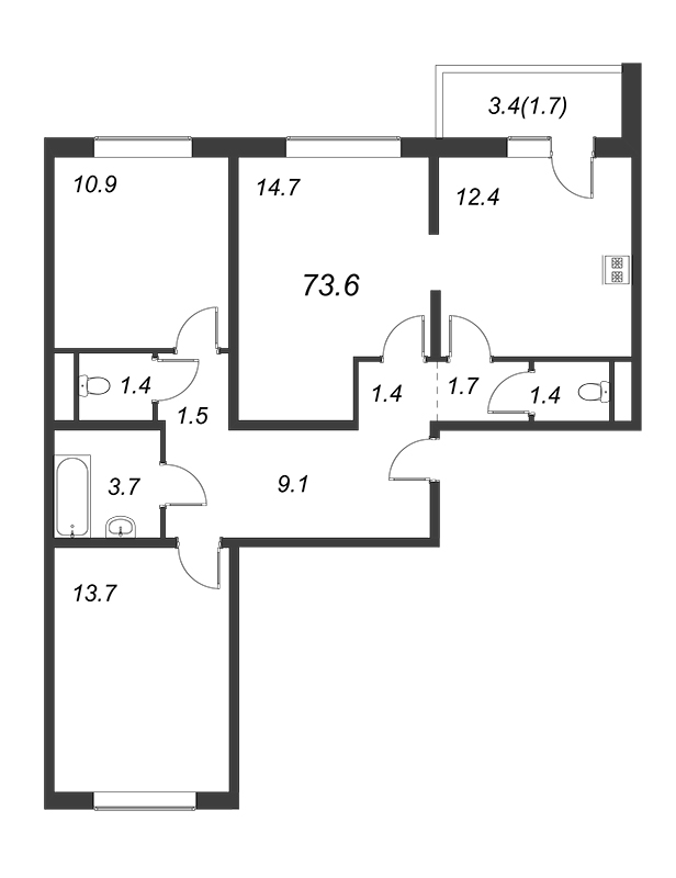 3 ккв 72,8 м²