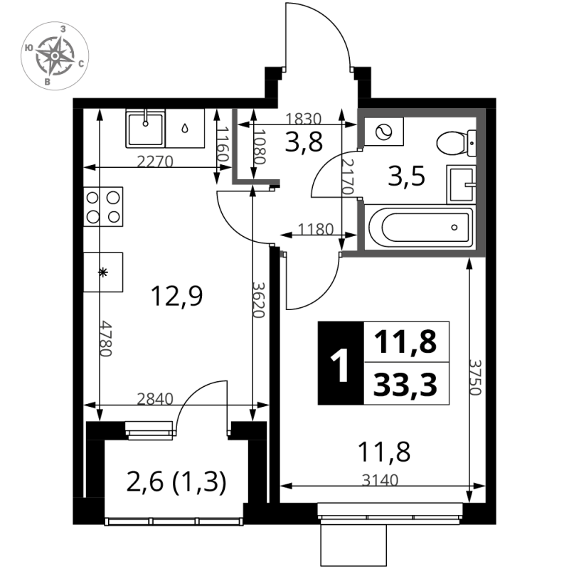 1 ккв 33,3 м²