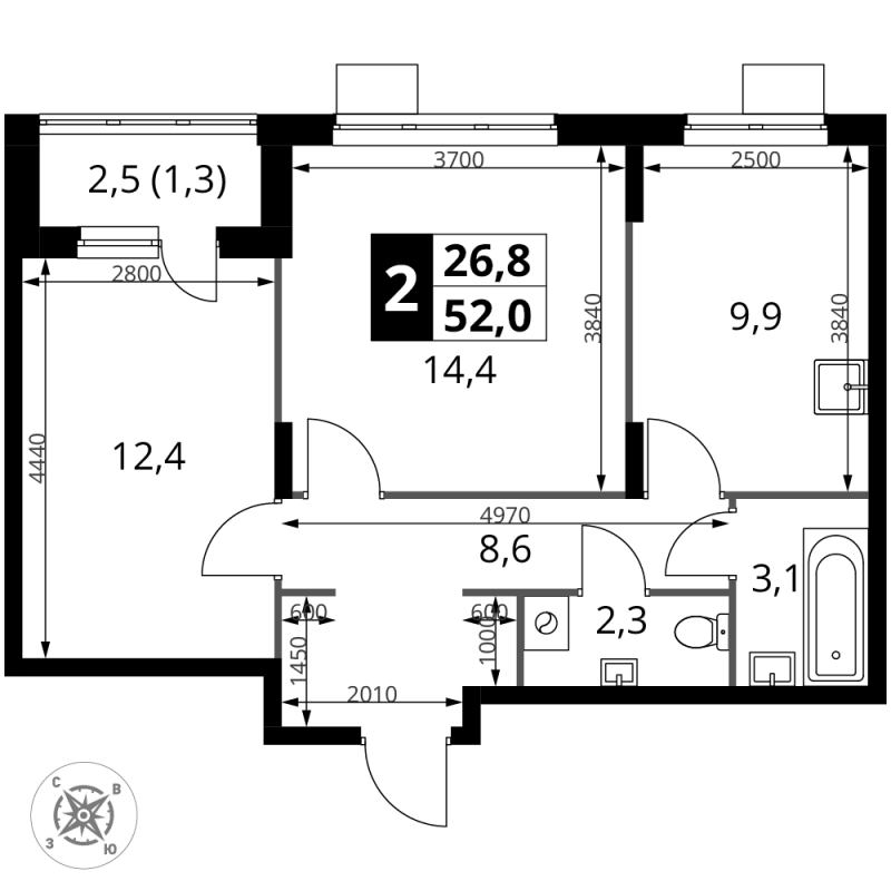 2 ккв 52 м²