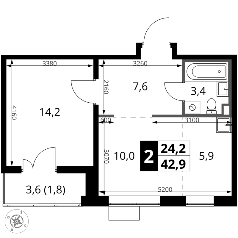 2 ккв (Евро) 42,9 м²