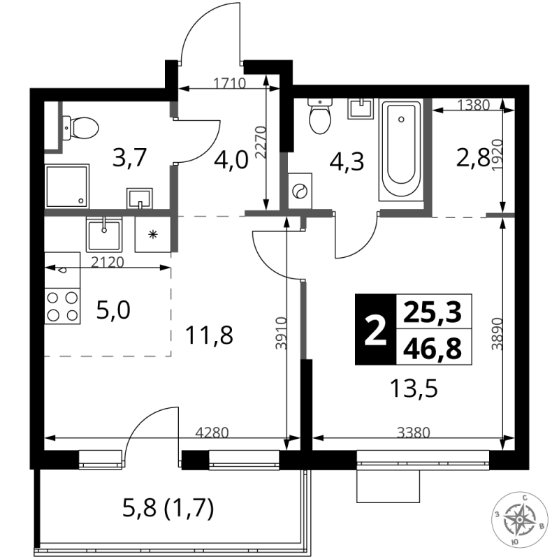 2 ккв (Евро) 46,8 м²