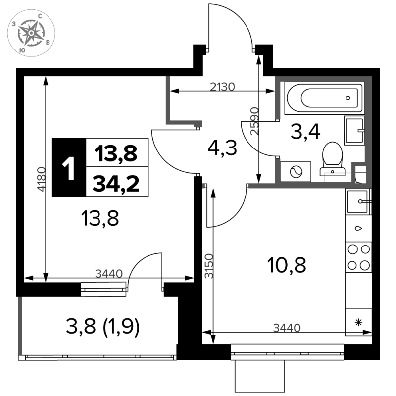 1 ккв 34,2 м²