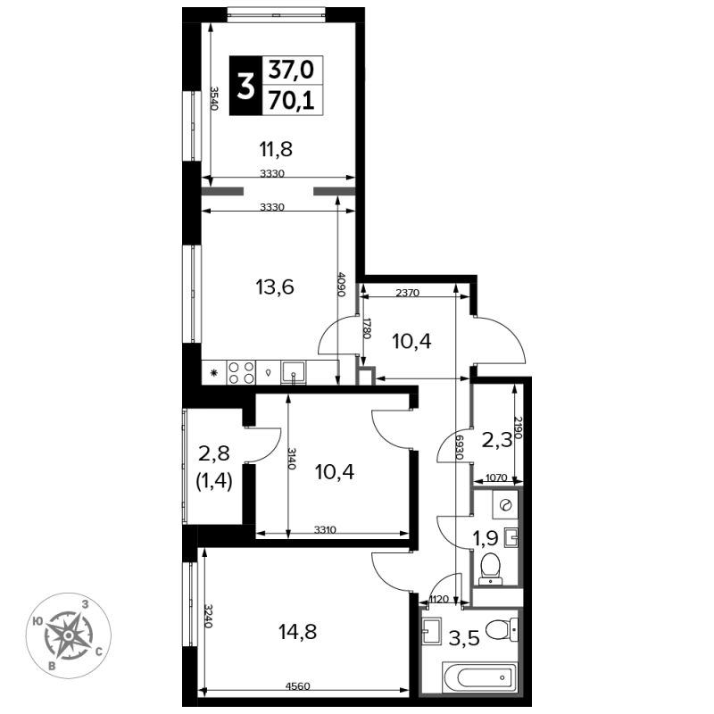 3 ккв 71,1 м²