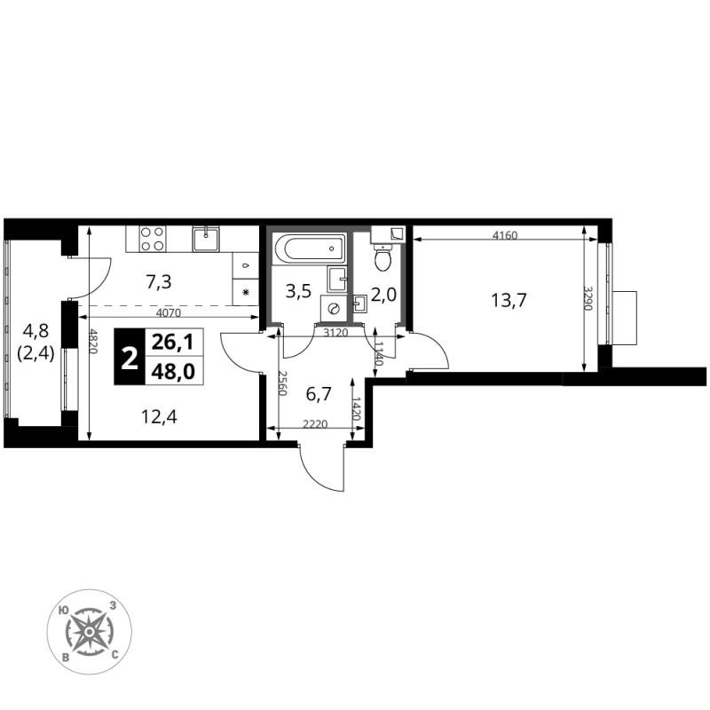 2 ккв (Евро) 48 м²