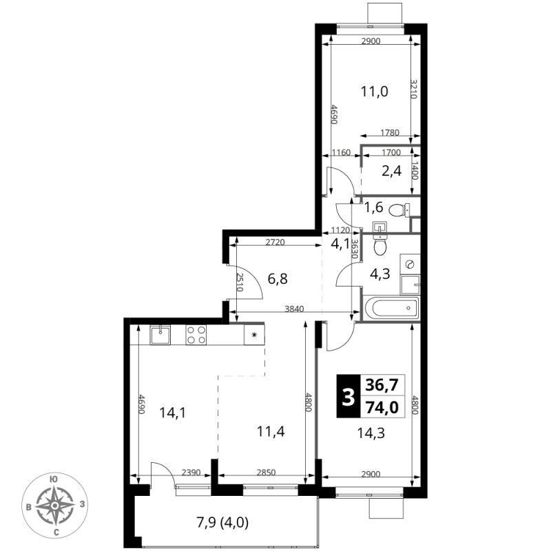 3 ккв (Евро) 74 м²