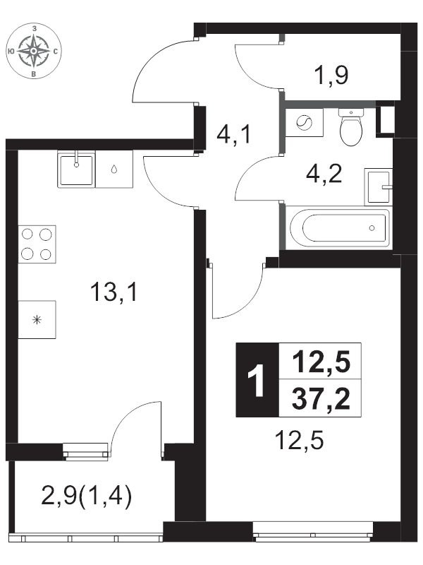 1 ккв 37,2 м²