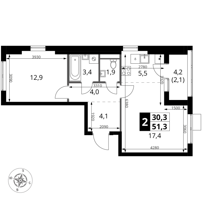 2 ккв (Евро) 51,3 м²