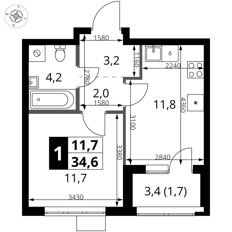 1 ккв 34,6 м²