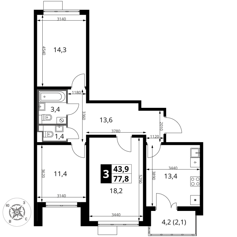 3 ккв 77,9 м²