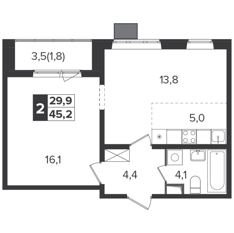 2 ккв (Евро) 45,1 м²