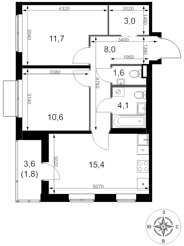 3 ккв (Евро) 56,2 м²