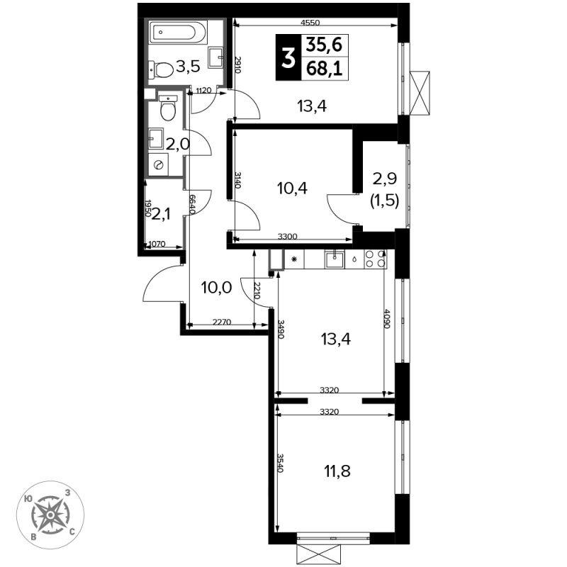 3 ккв (Евро) 68,3 м²